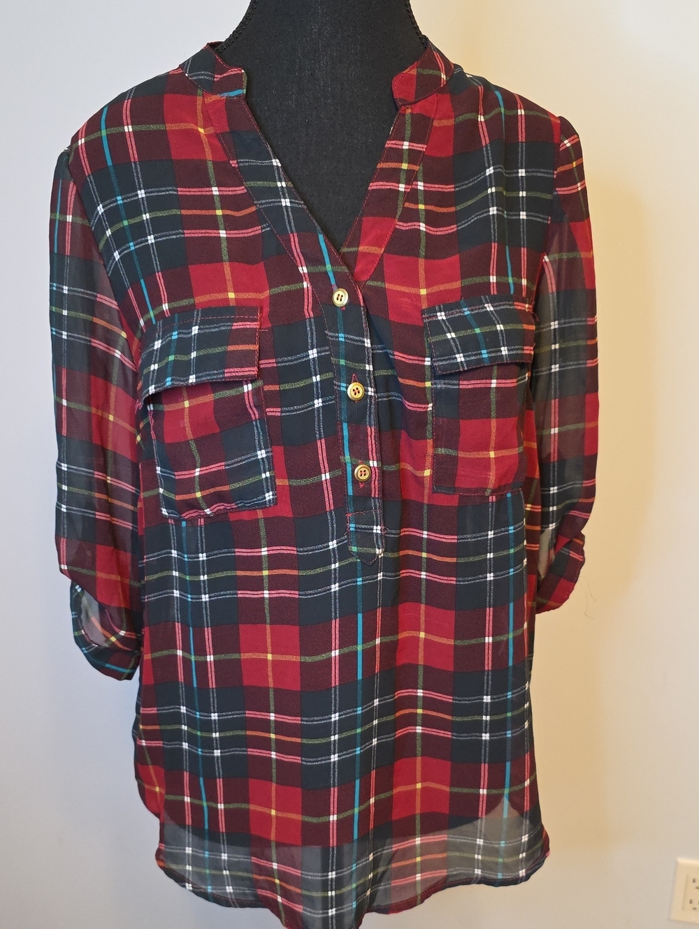 Women's Red , Green and Black Plaid Button-Front Shirt
